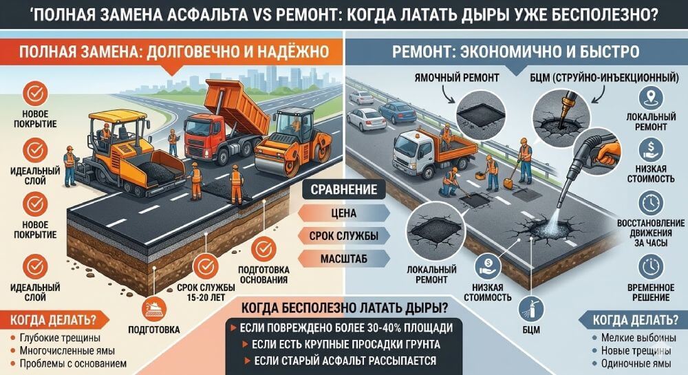 Полная замена асфальта vs Ремонт: когда латать дыры уже бесполезно?
